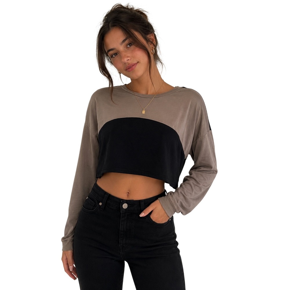 Fashion Nova Hello Sunday Cropped Lounge Top Taupe Black Colorblock Small NEW